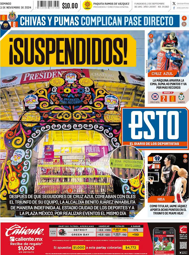 #FelizDomingo🌤️

Hoy en #TuESTO 📰

🚨¡Clausurados! Plaza México y Estadio Ciudad de los Deportes, no tendrán actividad en cierto tiempo.

👉 elesto.mx/3YzJHxi

🚂¡Ganó el Superlíder! Cruz Azul sigue imparable en la Liga Mx.

👉elesto.mx/3YRGY3H