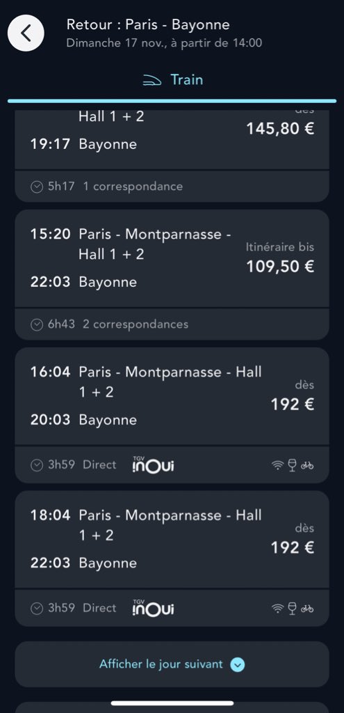 Un dimanche de novembre, hors ponts, hors vacances scolaires. Tous les Paris-Bayonne en direct, deux semaines à l’avance : 190€ pour le trajet simple (hors carte avantage). 
<a href="/SNCFVoyageurs/">SNCF Voyageurs</a> je n’ai jamais vu ça en trois ans à faire le trajet régulièrement. Que pasa ??