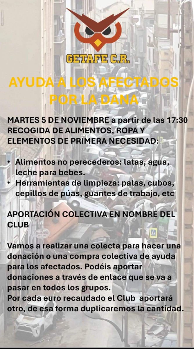 aytogetafe's tweet photo. Nuevas entidades de #Getafe están realizando recogidas solidarias de material y productos para Valencia. Si conoces alguna otra, por favor que se pongan en contacto con su concejalía de referencia para ayudarles desde el Ayuntamiento en el almacenamiento y traslado https://t.co/LfC7Fgc2mh