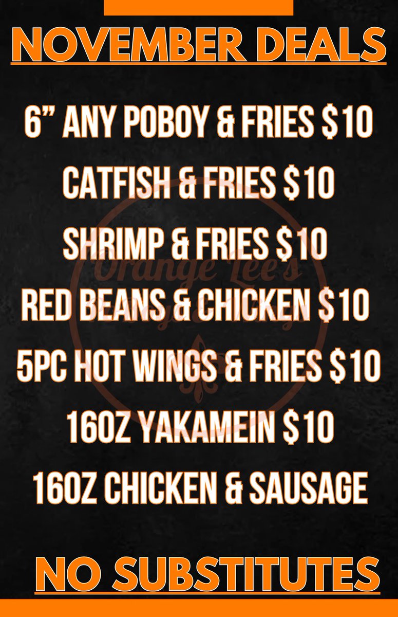 Happy Sunday friends 🧡

Catfish &amp; Fries $10
Shrimp &amp; Fries $10 
Red Beans &amp; Chicken 10
6” Poboy &amp; Fries $10 
5pc Hot Wings &amp; Fries $10
Small Yakamein $10
Small Chicken &amp; Sausage Gumbo $10

We will be open today Sunday from 12-5pm