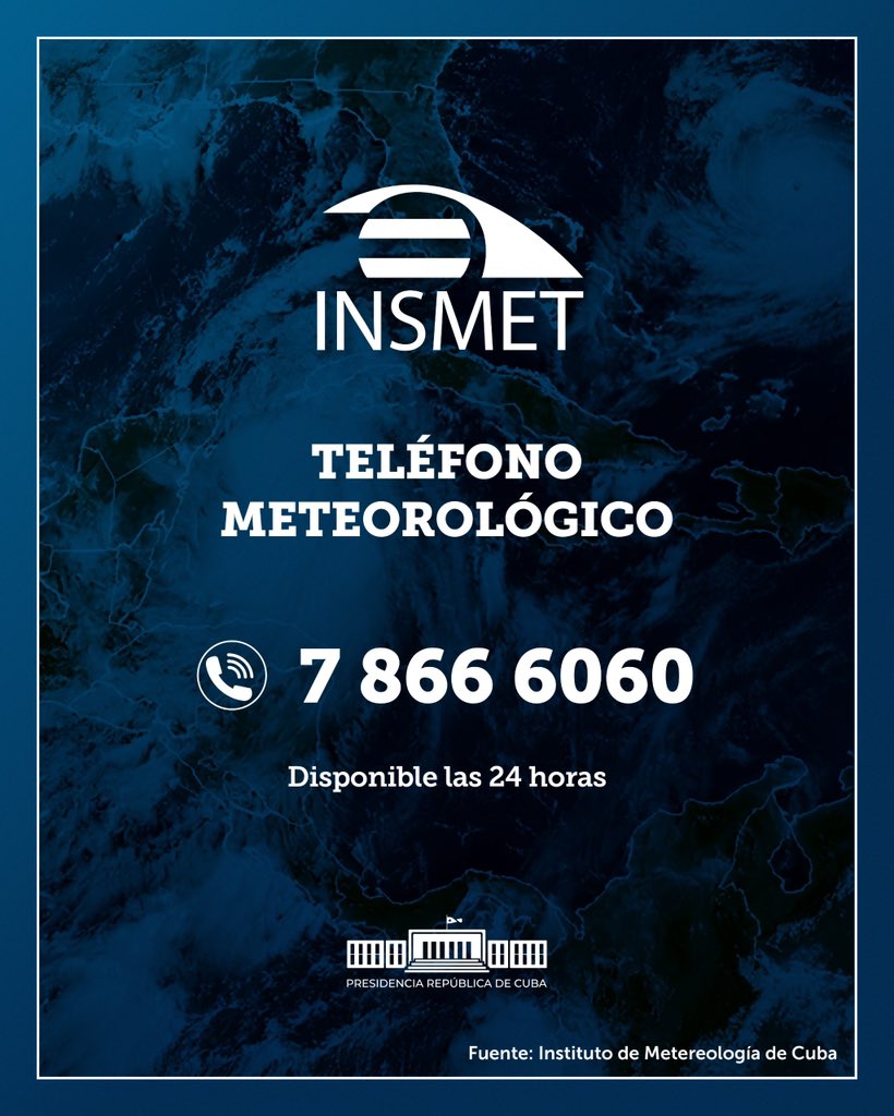 🇨🇺| El Instituto de Meteorología pone a disposición un número de teléfono por donde puede mantenerse informado sobre la situación meteorológica que atraviesa #Cuba.

La máxima siempre será estar informados, preparados y alertas.

☎️| 7866 6060

#UnidosXCuba 🇨🇺