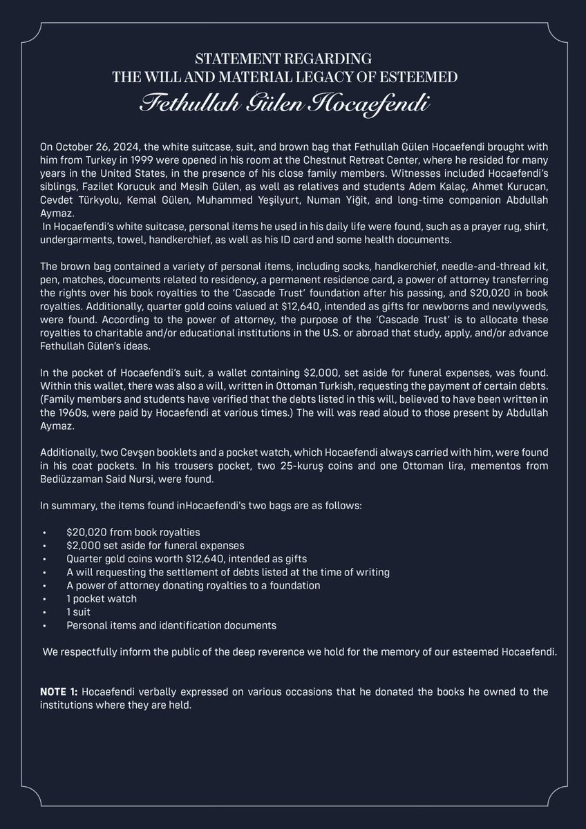 Statement regarding the will and material legacy of Fethullah Gülen Hocaefendi: