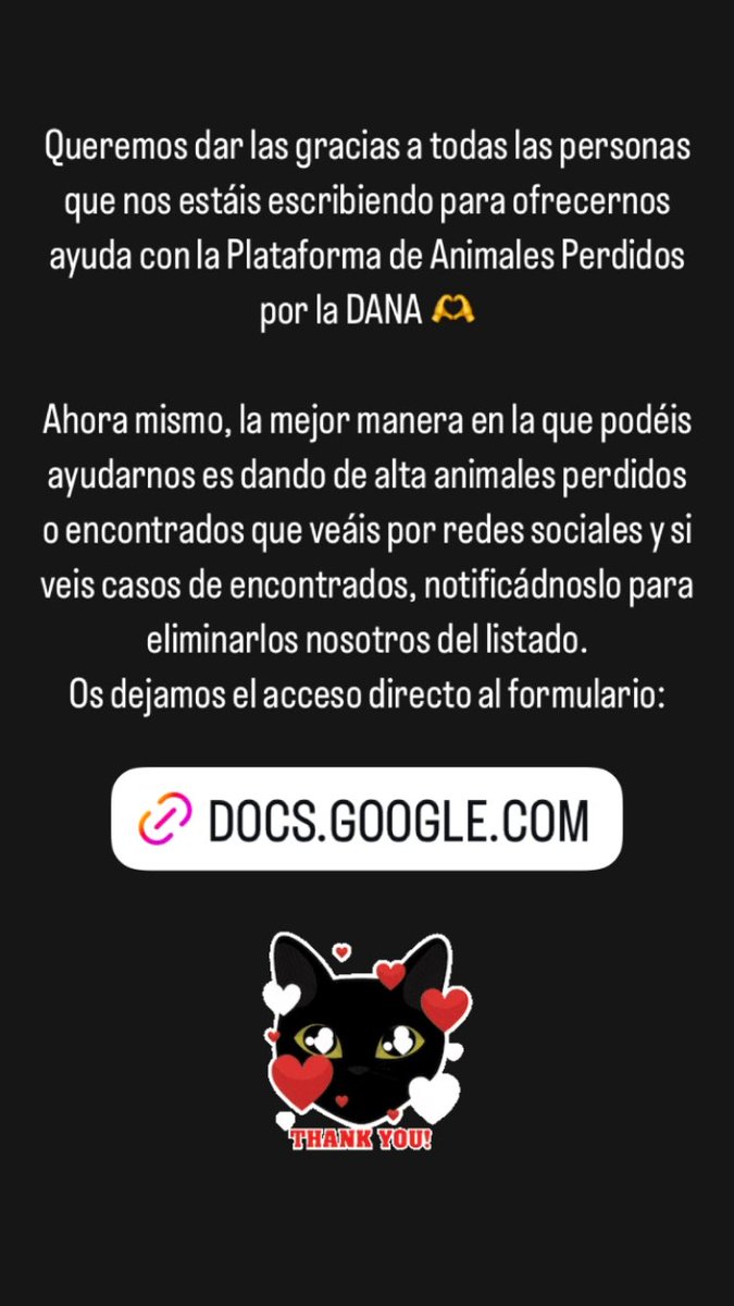 Gracias a tod@s por vuestros mensajes 🫶

Dando de alta los casos que encontréis por redes sociales o notificándonos los casos encontrados, es la mejor manera en la que podéis ayudarnos ☺️

Enlace al formulario: docs.google.com/forms/d/e/1FAI…