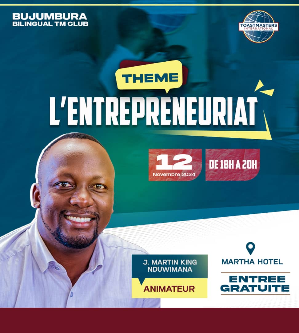 Rejoignez-nous le 12 nov 2024 à l'Hôtel Martha de 18h à 20h pour une soirée sur le thème L'entrepreneuriat. Venez développer vos compétences en communication et leadership dans une ambiance conviviale. Ouvert à tous ! #Toastmasters #Entrepreneuriat #Leadership