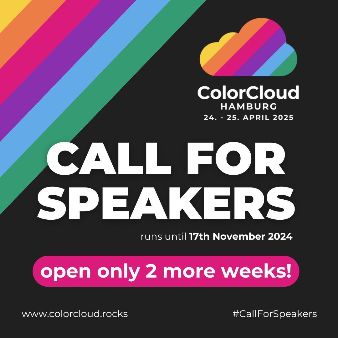 There are ONLY 2 WEEKS left in the Call for Speakers for ColorCloud 2025! 🌈☺️
➡️So hurry up and submit your session now: buff.ly/3UCRKIp
💥 Submitting EARLY pays off: we'll be announcing the first speakers during already during the Call for Speakers period!
#ColorCloud