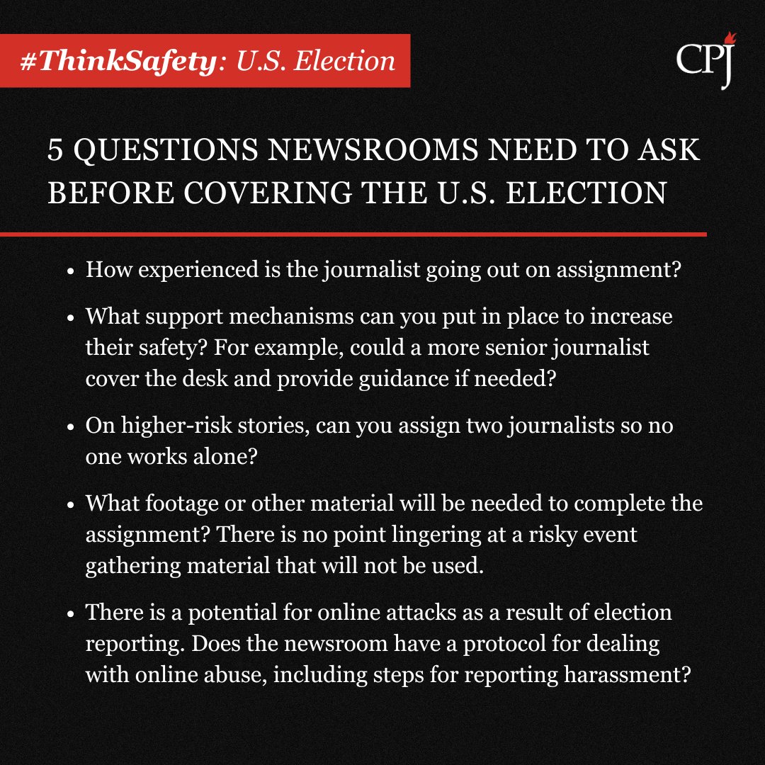 pressfreedom's tweet image. Are you reporting on #ElectionDay in the U.S.? CPJ is equipping your newsroom with the tools to keep staff safe. Below are 5 questions you should ask before sending reporters into the field.

Find more CPJ election safety resources here⤵️
cpj.org/safely-coverin…

#ThinkSafety