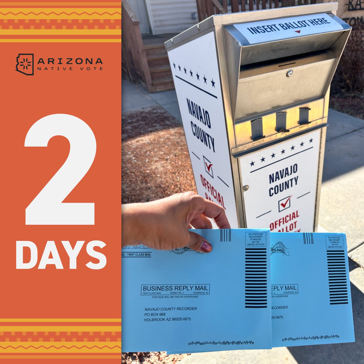 ⚡️Just two days left! Your participation is crucial for our communities. Still have questions about voting? 📞 Call our hotline at (928) 489-8511 for assistance. Every vote counts!  
Learn more at arizonanativevote.org.
#ArizonaNativeVote #DemocracyisIndigenous