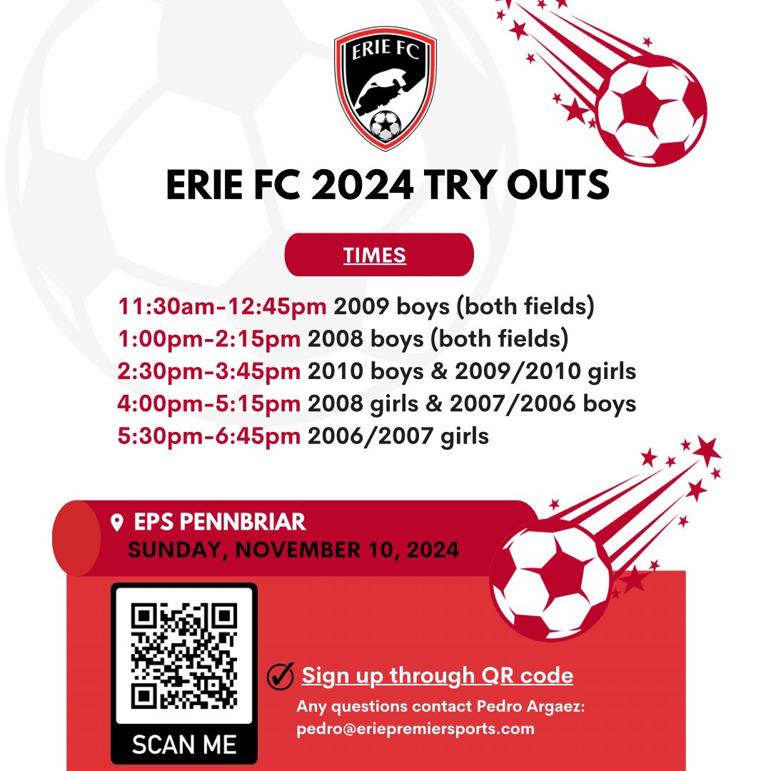 📢 Calling all HIGH SCHOOL soccer players! 📢 ERIE FC IS holding our club soccer tryouts on Sunday, November 10th. ❗️Please use the QR CODE or link in our BIO to “Pre-Register”❗️