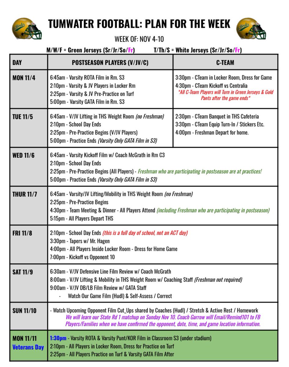 Plan for the Week: Nov 4-10

Wk 10 Playoff Matchup Confirmed:
Date: Friday, Nov 8
Site: Tumwater HS (Sid Otton Field)
Time: 7:00pm
vs Renton High School