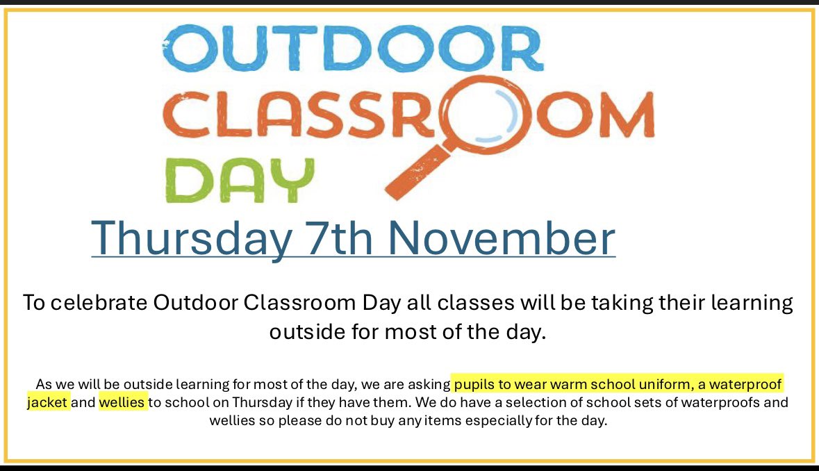 Mrs R Flynn (@mrsflynncps) on Twitter photo This Thursday 7th Nov is <a href="/OutdoorClassDay/">Outdoor Classroom Day</a> ! Please read the leaflet below for further information on how we will be celebrating at <a href="/ClydePrimary/">Clyde Primary</a> This Thursday 7th Nov is <a href="/OutdoorClassDay/">Outdoor Classroom Day</a> ! Please read the leaflet below for further information on how we will be celebrating at <a href="/ClydePrimary/">Clyde Primary</a>