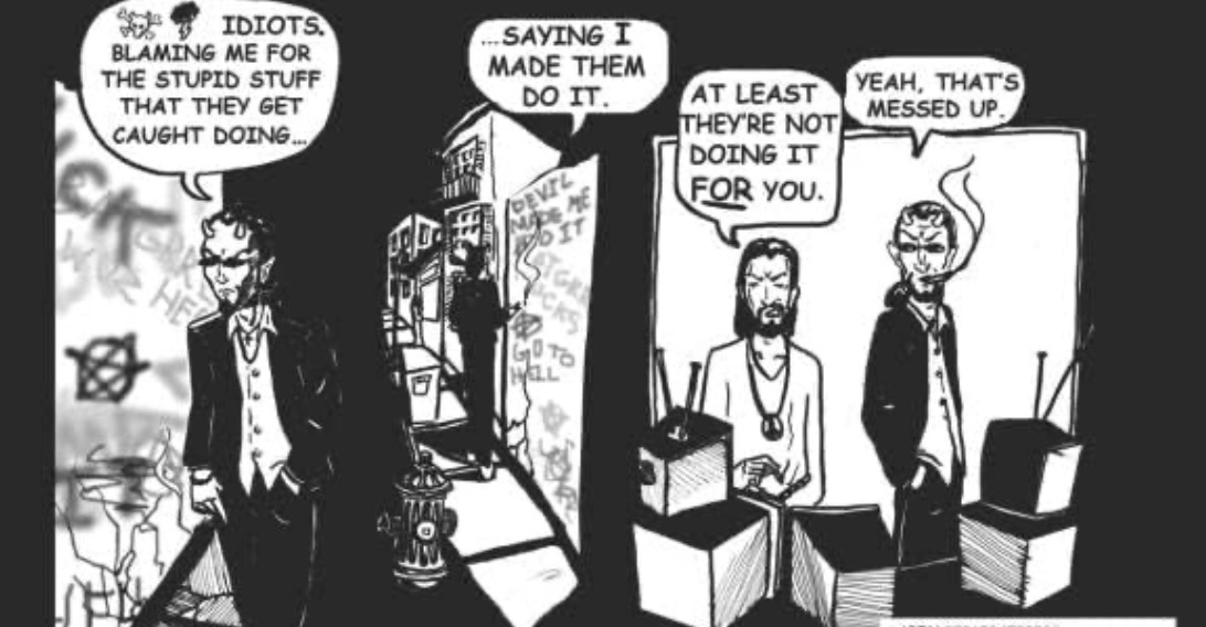 anthrog1rl's tweet photo. @ItsMrsRabbitToU I’ve always been stunned by the irony. From the brilliant @jenniebreeden (Jesus &amp; Lucifer commiserating) : https://t.co/ftOMYVUazb