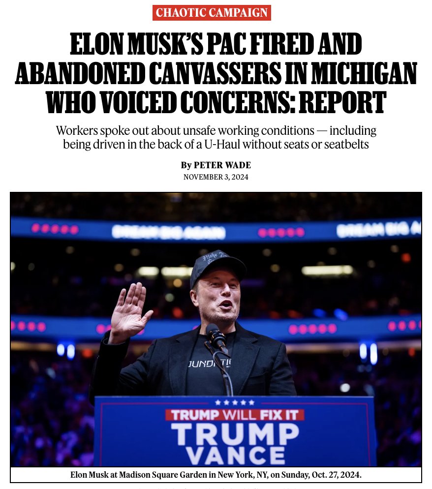 Canvassers for Elon Musk‘s PAC say they were flown to Michigan and told they had to meet unattainable quotas or risk paying for their own accommodations and travel home. Then, they were unceremoniously fired after some of them spoke to the press.

🔗 rollingstone.com/politics/polit…