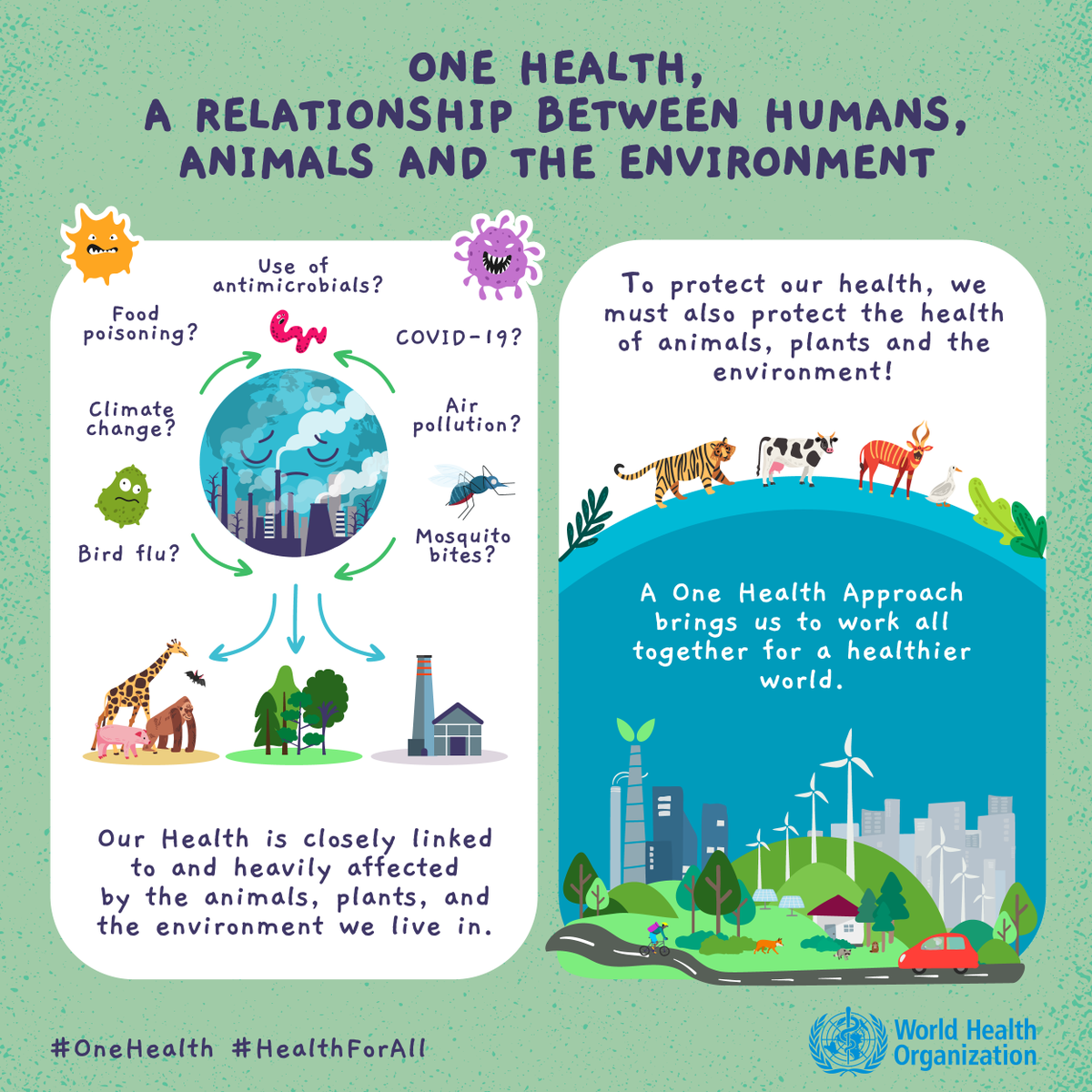 WHO_Europe's tweet photo. #OneHealth applies to a range of issues including: 

#AntimicrobialResistance 
#ZoonoticDiseases 
#VectorborneDiseases 
#FoodSafety 
#ClimateChange 
#Pollution 
#Biodiversity https://t.co/SzAp70X5kp