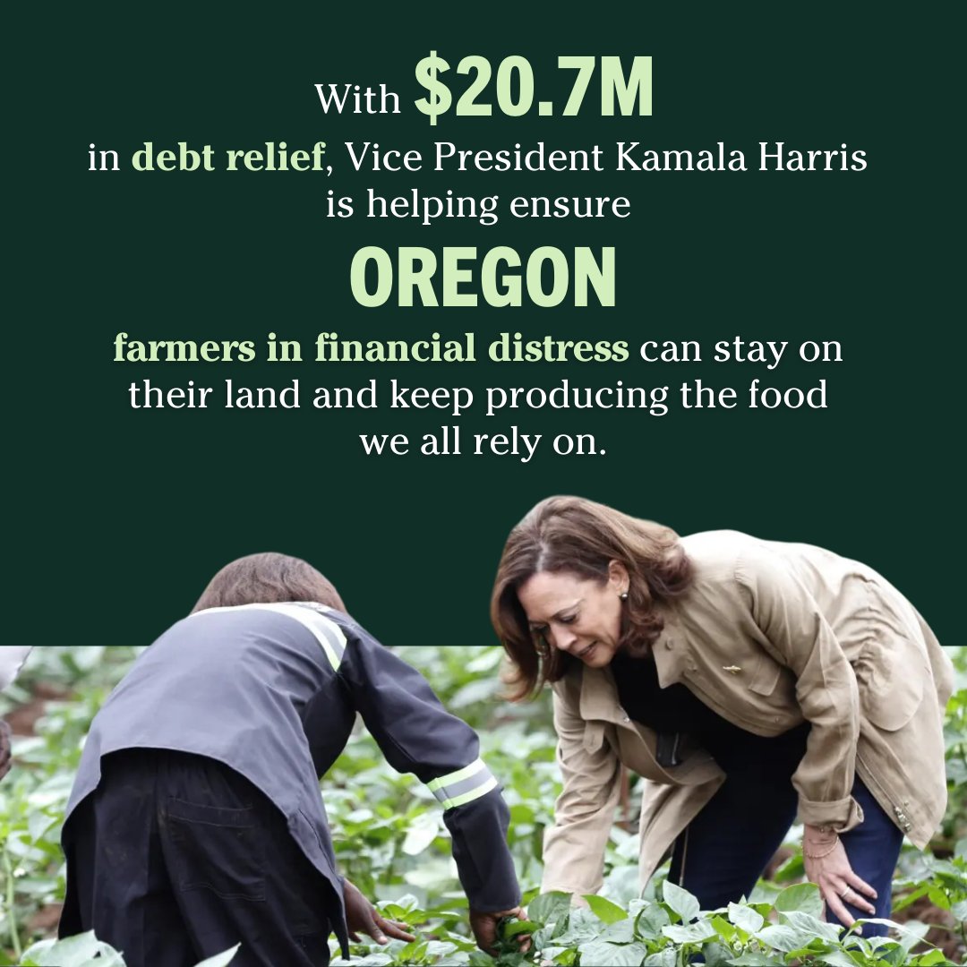 EugOregonizers's tweet photo. $20.7M in debt relief from Kamala Harris means Oregon’s farmers can keep growing the crops we rely on—without the fear of losing their land. This relief helps stabilize grocery prices and strengthens our local economy. A win for all of us! 🌱 #OrPol #FarmersSupport #ForHarris https://t.co/GEE0Z4IWXN