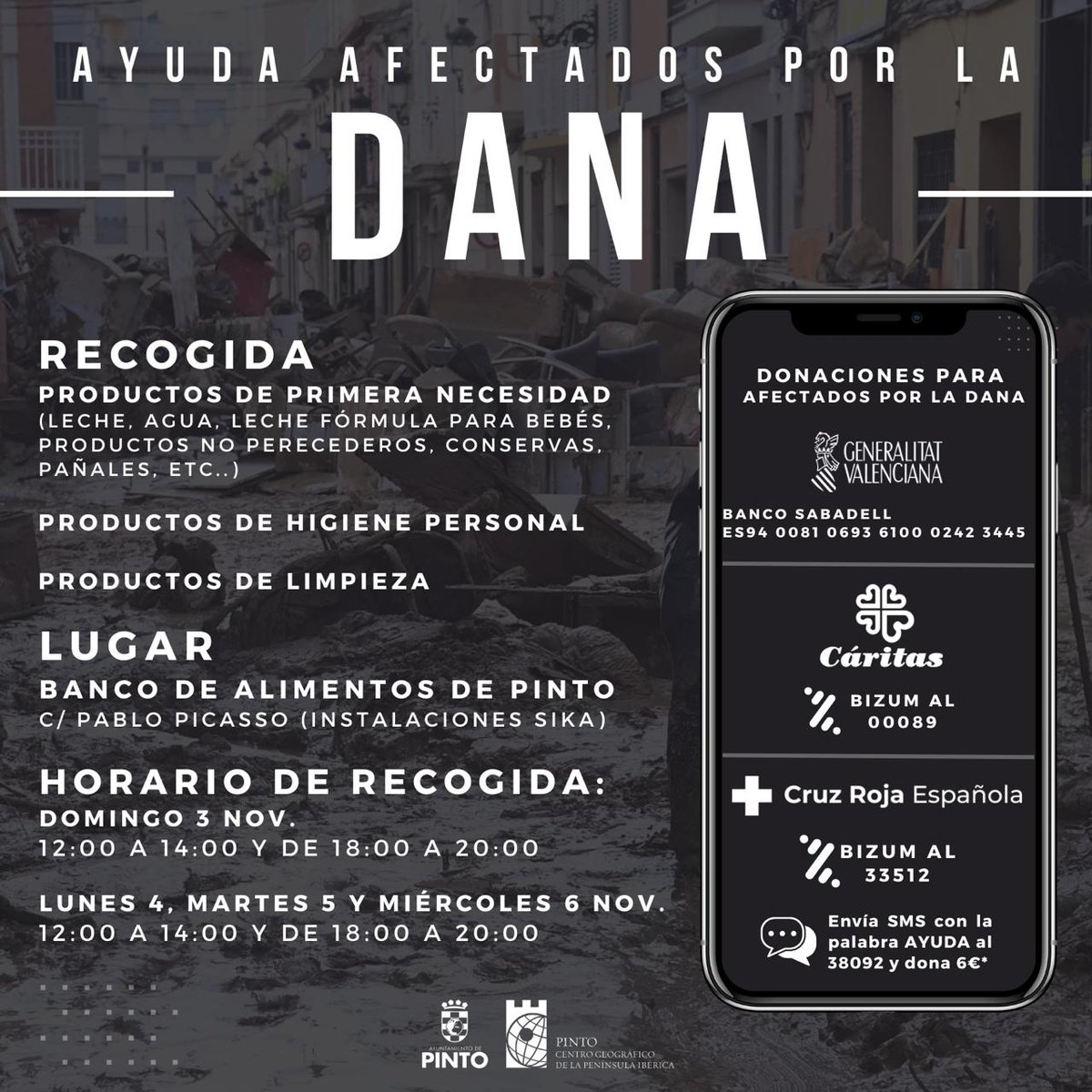 AytoPinto's tweet photo. ❤️‍🩹En apenas un día recogemos toneladas de ayuda humanitaria para nuestros hermanos valencianos, manchegos y andaluces, golpeados por la #DANA

Mañana continuaremos y se enviará todo el material a través de la @FedMMadrid @DGobiernoMadrid

🫶Pinto está con vosotros #PintoSolidario https://t.co/Qim4DfLZTP