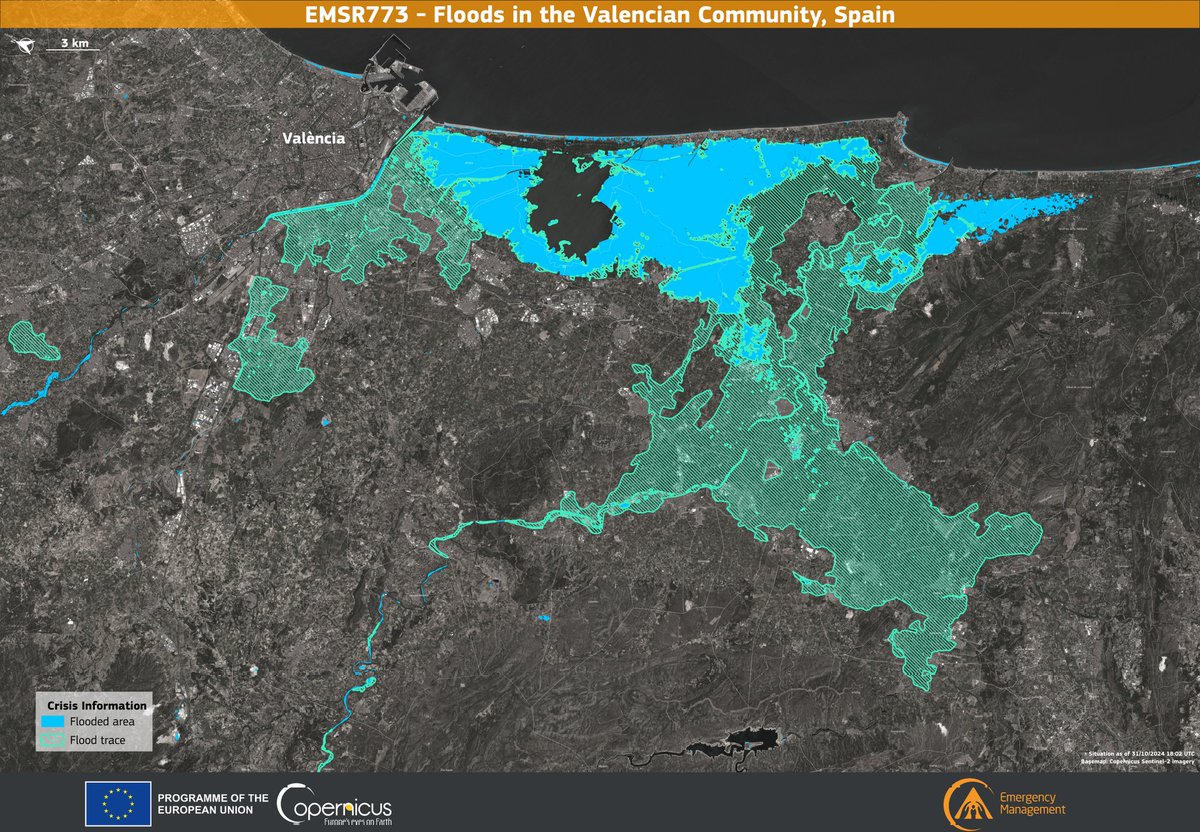 This data visualisation depicts the situation in the province of Valencia on 31 October 2024 at 18:02 UTC. It highlights areas directly affected by the floods, marked in blue, and areas with residual flood traces, indicated by light green lines. ⬇️

copernicus.eu/en/media/image…