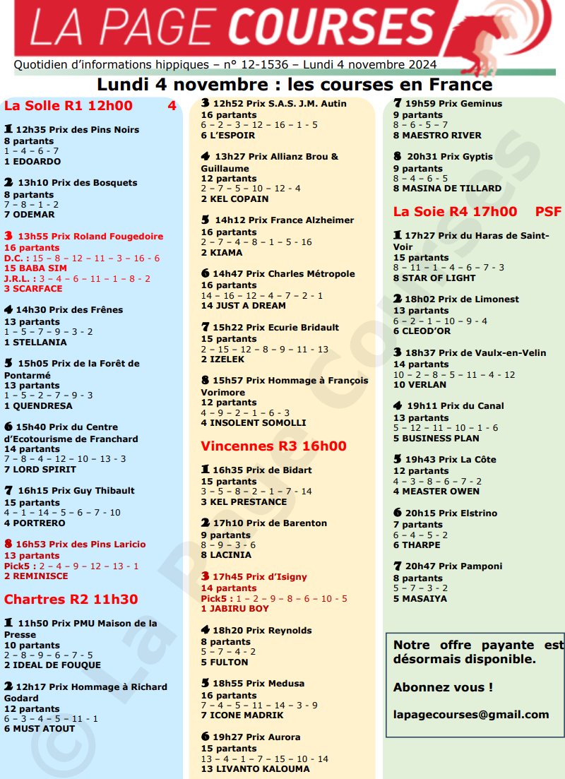 Lundi 4 novembre 2024.

On galope à Fontainebleau, avec le Quinté.

On trotte à Chartres et Vincennes.

On galope en soirée sur le sable de Lyon-La Soie.

Pour tout savoir, cliquez ici :

drive.google.com/file/d/1lZZtW5…