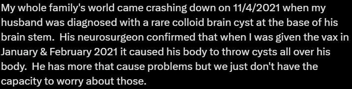 This woman claims that her husband got brain cancer because SHE got the COVID vaccine. How does that work?!?

These people are 🦇💩🤪