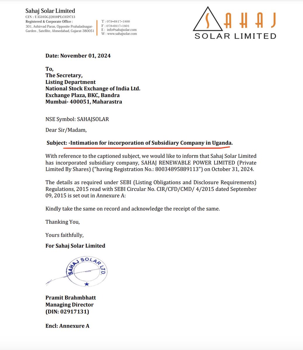 ManishK46113331's tweet image. 🚨 #SahajSolar

Company incorporated a new subsidiary in Uganda

A thread🧵(1/n)👇