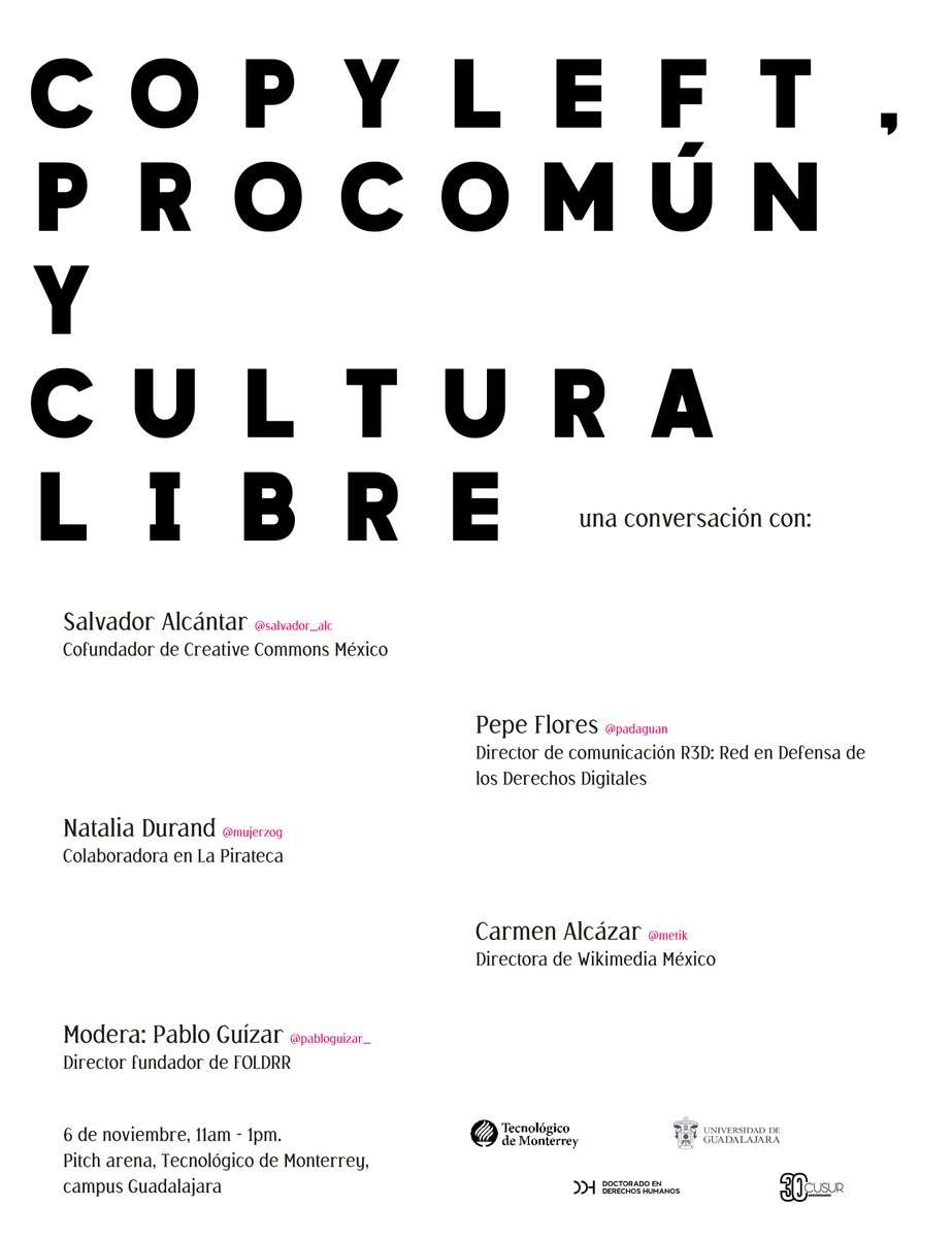 Voy a tener el privilegio de moderar este diálogo con invitadxs de lujo el próximo miércoles 6 de noviembre a las 11 AM, en el <a href="/TecdeMonterrey/">Tecnológico de Monterrey</a>, Campus Guadalajara.

El cupo es limitado, así que corran a registrarse en el siguiente enlace: shorturl.at/oQtzf

¡Ahí les veo!
