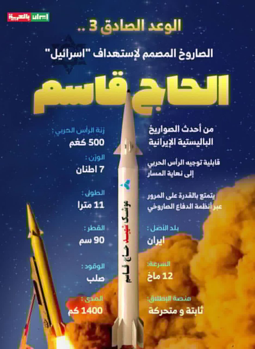 الوعد الصادق 3 ؛
صاروخ الحاج قاسم .. الصاروخ المصمم لإستهداف 'اسرائيل'
#العراق 
#ايران 
#لبنان