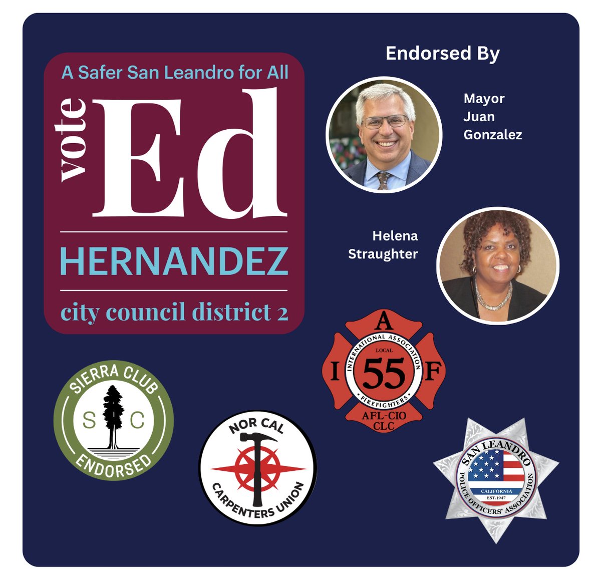 #SanLeandro leaders agree: Ed Hernandez is the right choice for City Council District 2!  Join <a href="/alcofirefighter/">Alameda County Firefighters</a>, <a href="/SanLeandroPOA/">SanLeandroPOA</a>, <a href="/SFBaySierraClub/">Sierra Club, SF Bay</a>, @NorCalCarpU, <a href="/JuanGonzalezSL/">Mayor Juan Gonzalez</a>  &amp; Helena Straughter, founding President of SL Democratic Club, in supporting Ed.