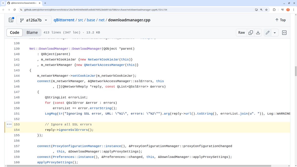 New CVE-2024-51774 dropped on QTorrent.

MITM RCE, single click compromise.

"Oh I'm sure they accidentally messed up the if logic and failed to verify TLS correctly".

&lt;looks inside&gt;

DEAR MOTHER OF GOD