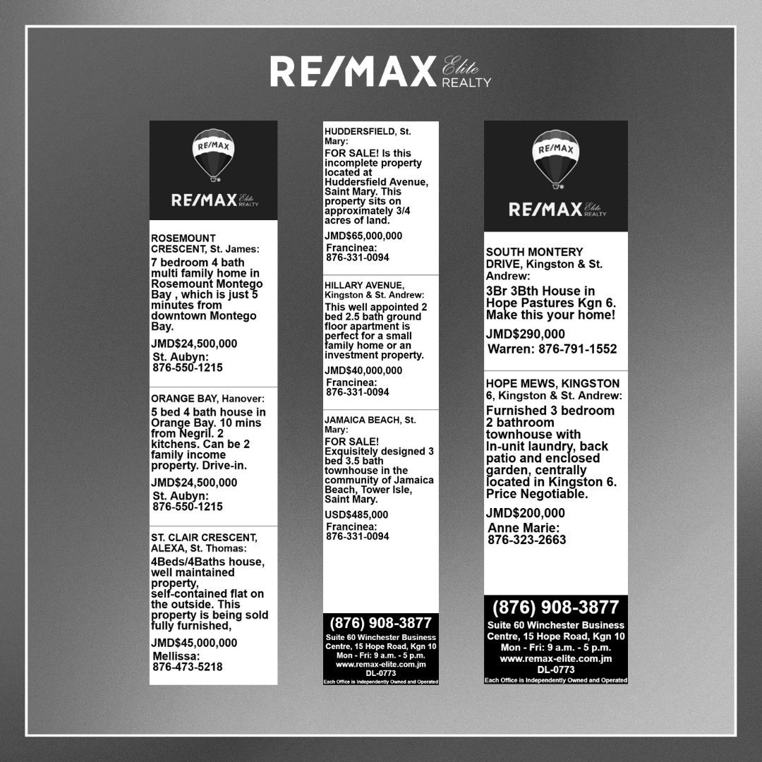 REMAXEliteja's tweet image. 🏡 Looking for your next property? 🗝️ Check out this week&apos;s Gleaner Ads from RE/MAX Elite Realty for dream homes and investment opportunities. Find your perfect property now! #RealEstate #WeeklyDeals #HomeHunting