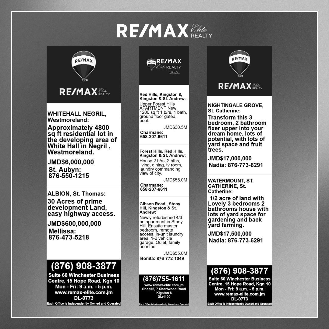 REMAXEliteja's tweet image. 🏡 Looking for your next property? 🗝️ Check out this week&apos;s Gleaner Ads from RE/MAX Elite Realty for dream homes and investment opportunities. Find your perfect property now! #RealEstate #WeeklyDeals #HomeHunting