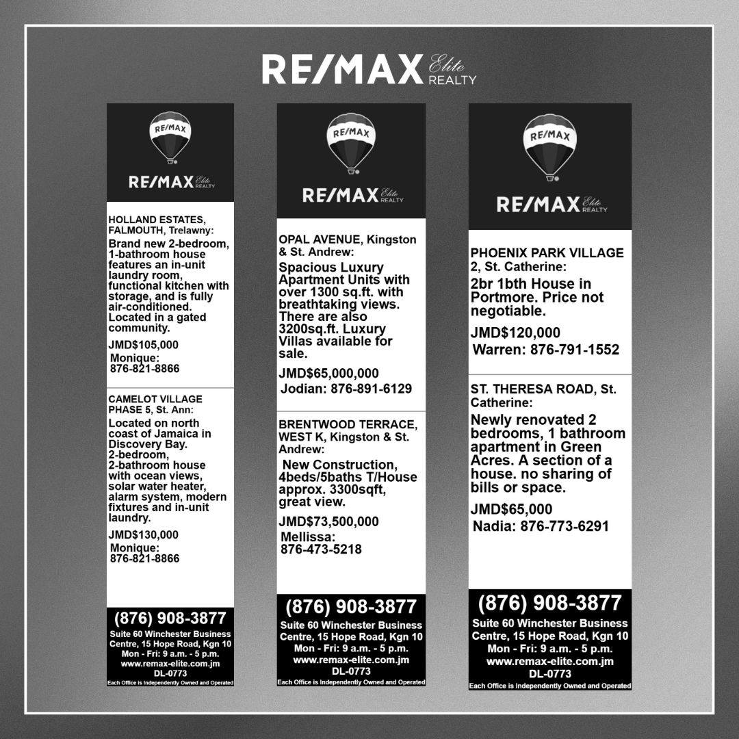 REMAXEliteja's tweet image. 🏡 Looking for your next property? 🗝️ Check out this week&apos;s Gleaner Ads from RE/MAX Elite Realty for dream homes and investment opportunities. Find your perfect property now! #RealEstate #WeeklyDeals #HomeHunting