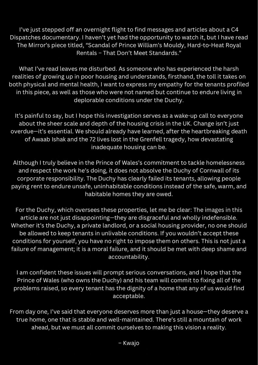 My response to the Channel 4 Dispatches investigation into the Royal Family, which, to my disappointment, revealed tenants living in unacceptable and indefensible conditions 👇🏽: