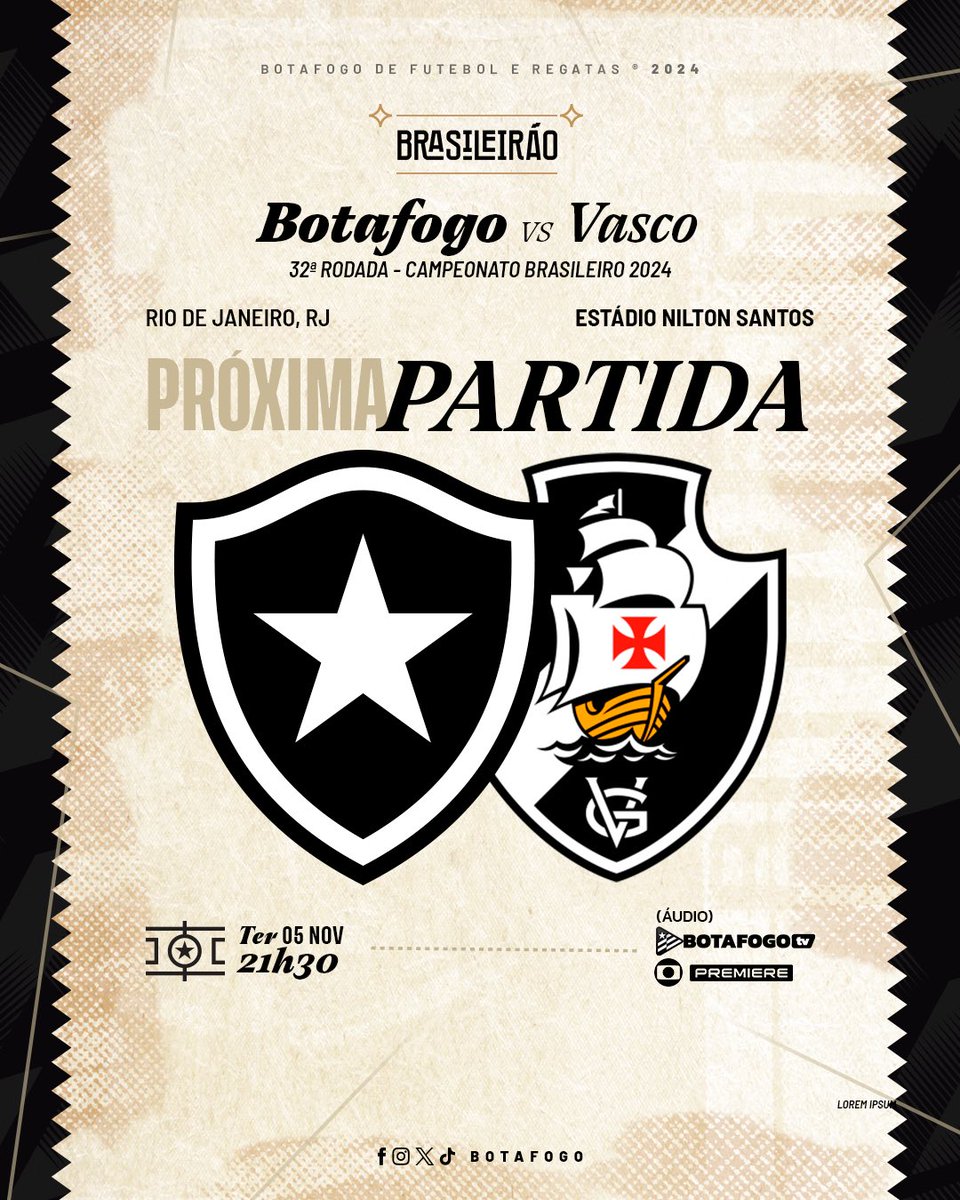 CLÁSSICO E RETA FINAL DE BRASILEIRÃO! 🔥🇧🇷

O próximo compromisso do Fogão é contra o Vasco, nesta terça, no Nilton Santos! Vamos pra cima, meu Glorioso! ⚽️💪🏽 #VamosBOTAFOGO

Acesse botafogo.com.br/ingresso e garanta o seu lugar! 🎫🏟️