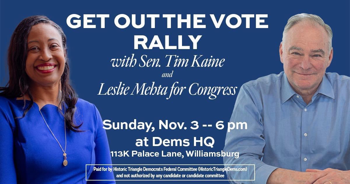 LeslieMehtaVA's tweet photo. Looking for a space to recharge after a day of knocking doors? Join @timkaine and I for a GOTV rally in Williamsburg this evening as we power through the home stretch! 💪

Register here: https://t.co/BcKDqAY9Ep https://t.co/gEOEsSkYSH