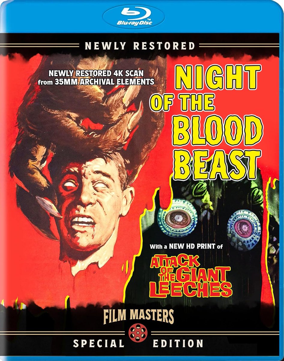 gregcritic's tweet photo. A drive-in double feature of man-in-suit monster mayhem!  Check out the restored versions of these Corman quickies #NightoftheBloodBeast and #AttackoftheGiantLeaches in the brand-new Blu-ray from @Film__Masters .  Full review below:  https://t.co/gRl96slcPE https://t.co/u1YTEEYhbJ