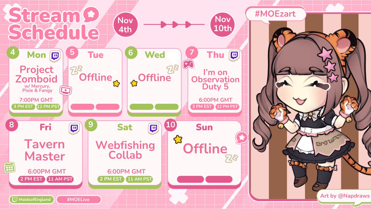 MaidMacaron_MOE's tweet photo. SCHEDULE for 4th - 10th! ποΈ
MORE PROJECT ZOMBOID! Who's addicted? Who said that?? Sshh!!
#Moekaeri #MOELive https://t.co/d6ymepsV95