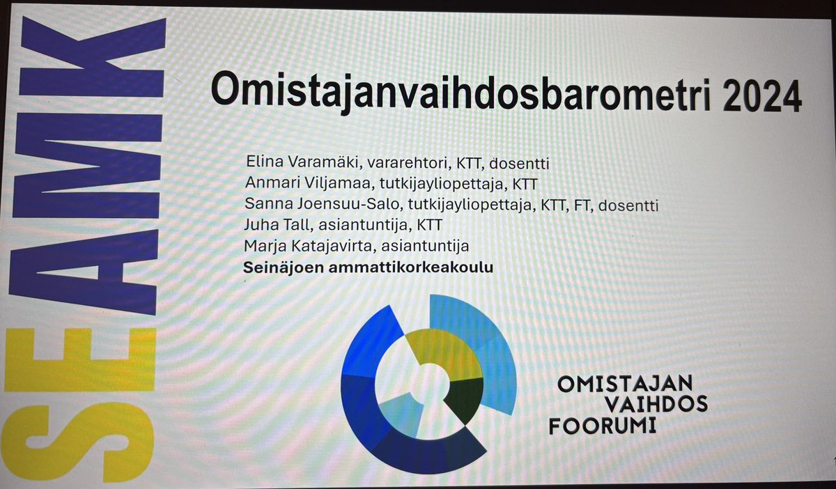 Elina Varamäki (@elinavaramki) on Twitter photo Valmistautuminen 6.11. #Omistajanvaihdoskonferenssiin. <a href="/SeAMK/">SEAMK</a>-kollegoiden kanssa olemme viidennen kerran toteuttaneet omistajanvaihdosbarometrin yhteistyössä <a href="/ovfoorumi/">Omistajanvaihdosfoorumi</a> kanssa. 1476 yrittäjää vastasi. Tulokset osoittavat mm., että yritysostajat ovat eliittijoukkoa. #ostajanvuosi Valmistautuminen 6.11. #Omistajanvaihdoskonferenssiin. <a href="/SeAMK/">SEAMK</a>-kollegoiden kanssa olemme viidennen kerran toteuttaneet omistajanvaihdosbarometrin yhteistyössä <a href="/ovfoorumi/">Omistajanvaihdosfoorumi</a> kanssa. 1476 yrittäjää vastasi. Tulokset osoittavat mm., että yritysostajat ovat eliittijoukkoa. #ostajanvuosi