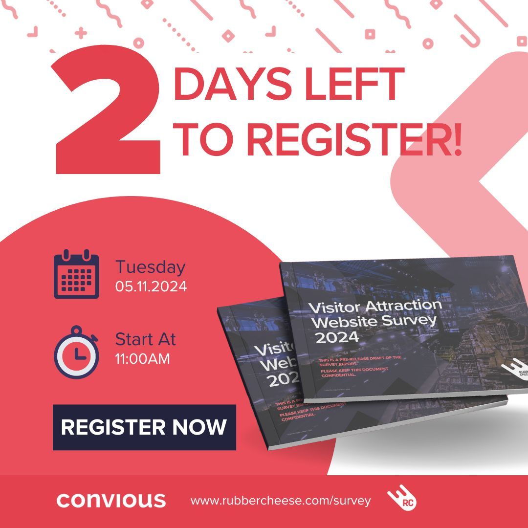 ⏰ Only 2 Days Left to Register! ⏰
Don’t miss the 2024 @RubberCheese Visitor Attraction Website Report Launch on Tuesday, 5th November at 11:00 AM!

Get the exclusive insights! 
Register here 👉 buff.ly/40fPxq6

Sponsored by: @Convious 
#AttractionWebsiteReport