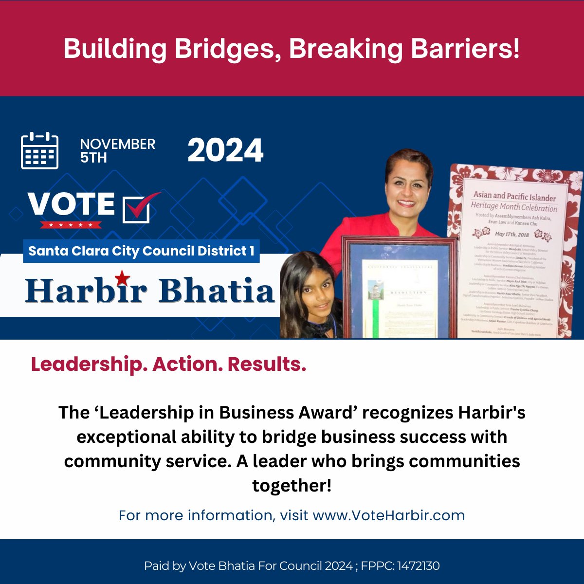 hkbhatia's tweet photo. Proud Moment: Building Bridges, Breaking Barriers!🌟 The '#Leadership in Business Award' recognizes Harbir's exceptional ability to bridge #business #success w/#community #service. A leader who brings communities together.  Only 2 Days To Go! #VoteHarbir #SantaClara #SantaClaraD1 https://t.co/5Tlh7ketK3