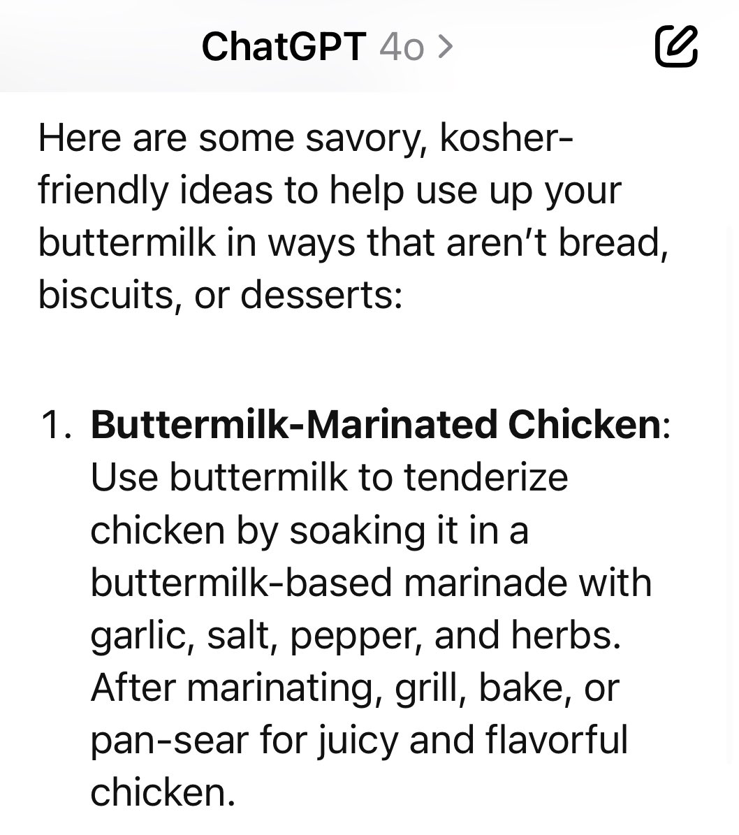 Love the progress of Gen AI. But also this was what is said when I asked for kosher-friendly ideas for using extra buttermilk.