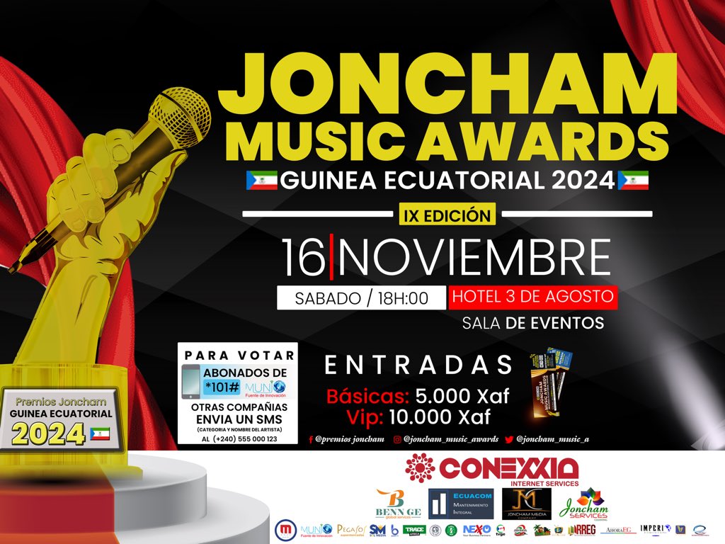 Joncham_Music_A's tweet photo. 𝕁𝕠𝕟𝕔𝕙𝕒𝕞 𝕄𝕦𝕤𝕚𝕔 𝔸𝕨𝕒𝕣𝕕𝕤 𝟚𝟘𝟚𝟜 🇬🇶

⚜ 𝐼𝒳 𝐸𝒹𝒾𝒸𝒾ó𝓃 ⚜ 

🗓️Sábado, 16 Noviembre 2024
📍Sala De Eventos, Hotel 3 de Agosto (Malabo, Guinea Ecuatorial) https://t.co/wQRupXDwon