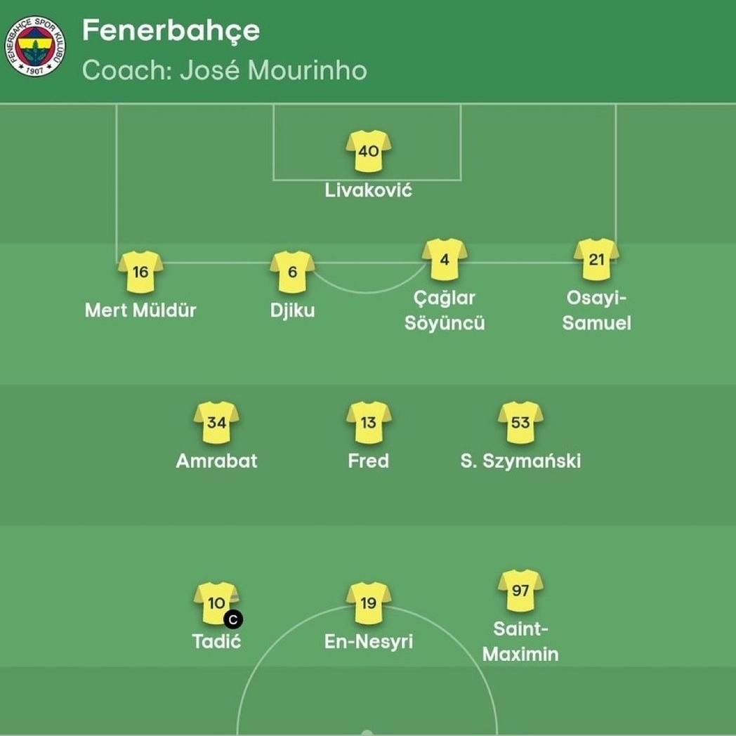 Fenerbahçe'mizin 11':Livakovic, Osayi-Samuel, Çağlar, Djiku, Mert, Amrabat, Fred, Szymanski, Tadic, Saint-Maximin, En-Nesyri