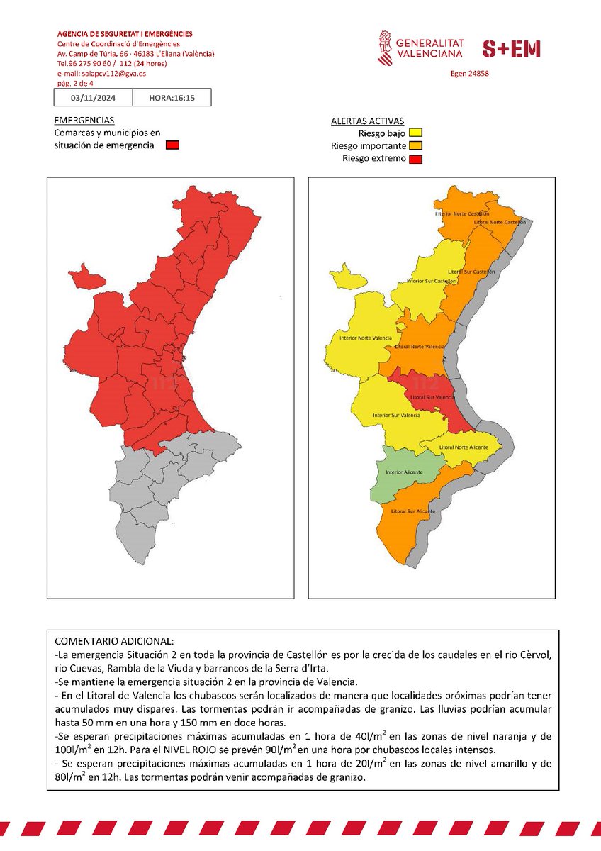 (16:15 h)⚠️ El Centro de Coordinación de Emergencias de la <a href="/generalitat/">Generalitat</a> envía una nueva actualización de las alertas vigentes #DANA:

🔴Se establece la alerta de nivel ROJO por lluvias en el litoral sur de Valencia 

➡️Se mantiene el resto de alertas invariables