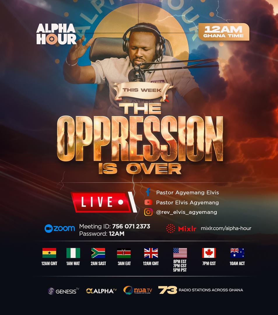 REAgyemang's tweet photo. John 8:36 (KJV)
If the Son therefore shall make you free, ye shall be free indeed.

THE OPPRESSION IS OVER! It is your week of liberty from all oppression of the devil. Freedom from every form of oppression and limitation is here. Every chain holding you back, every shadow of depression is broken in the Name of Jesus.

What a week ahead. No Alpharian must miss out on this. It is a total deliverance from satanic oppression. See you at 12am GMT tonight for fire prayers. Don't miss it 🔥🔥🔥

#AlphaHour 
#AlphaHourWithPastorElvis 
#PastorElvis 
#LadyMercyAgyemangElvis  
#EverydayWithGodIsEverydayInVictory
 #PrayerAndTestimonyAltar 
#12amGMT
 #OneHourPrayer 
#TakingNewTerritories
#PrayerAndWonderCity #GraceMountainMinistry #PrayForTheCityCampaign