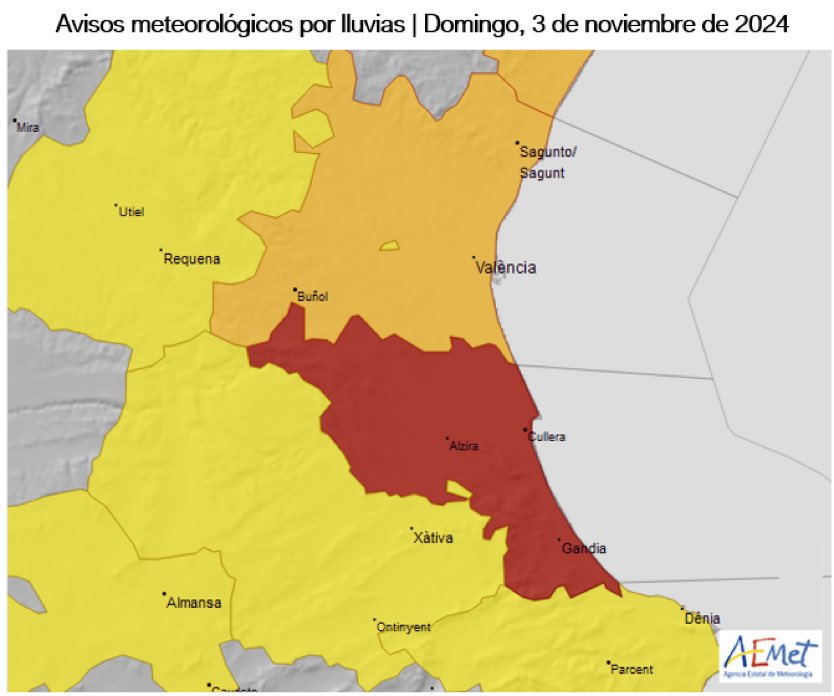 🇪🇸 | URGENTE: La AEMET ha activado el aviso ROJO en el litoral sur de Valencia.

Señalan que en esa zona podrían producirse tormentas de gran intensidad en las próximas horas.