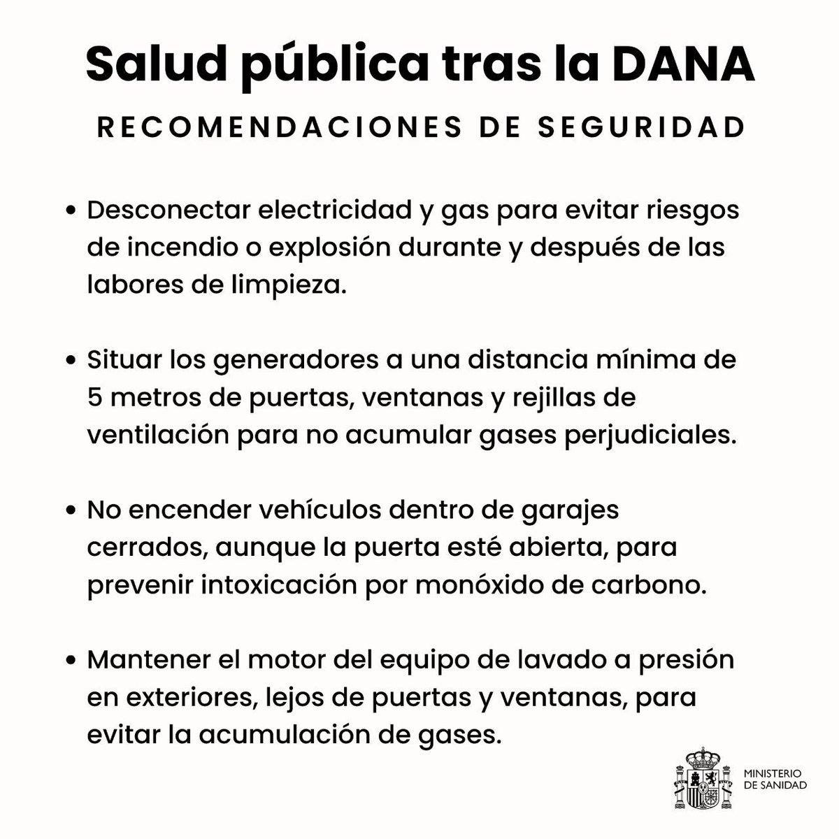 ⚠️ SALUD PÚBLICA FRENTE A LAS INUNDACIONES #DANA 

RECOMENDACIONES <a href="/sanidadgob/">Ministerio de Sanidad</a> 

➡️Evita el riesgo de ingerir agua o alimentos contaminados ➡️Exponerse a patógenos
➡️Inhalar gases tóxicos o sufrir descargas eléctricas.

📲 Más información: sanidad.gob.es/gabinete/notas…