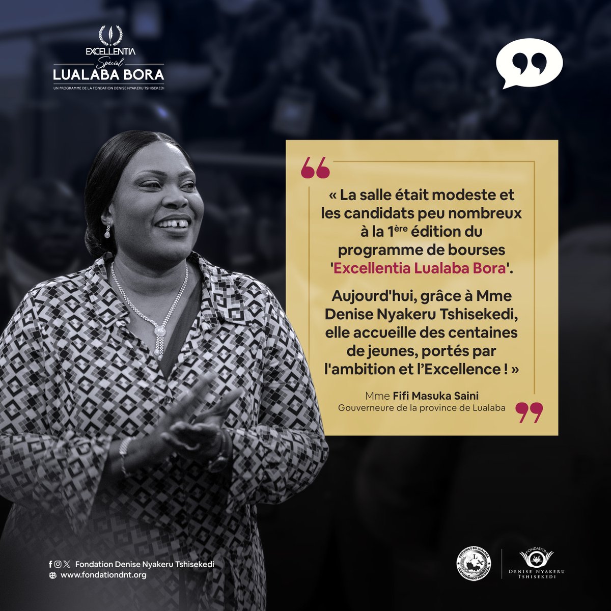 FondationLONA_'s tweet photo. [1/2] « Mes chers enfants, la Distinguée Première Dame @DeniseNyakeru a toujours à cœur de faire de vous des modèles d'excellence pour notre République. » - @FifiMasukaSaini. 

Avant de lancer le test de sélection, la Gouverneure Fifi Masuka Saini s'est remise aux candidats avec des mots empreints de bienveillance et de fierté. « Hier, nous étions dans une petite salle ; aujourd'hui, nous sommes dans un espace plus grand. Vous êtes les pionniers d'un programme en pleine expansion », a-t-elle déclaré.
 
La Première Dame, quant à elle, a réaffirmé son engagement en faveur de l'éducation et a encouragé les candidats à donner le meilleur d'eux-mêmes, tout en rappelant que chaque jeune soutenu représente une pierre posée sur le grand chantier du développement et de la transformation du pays.