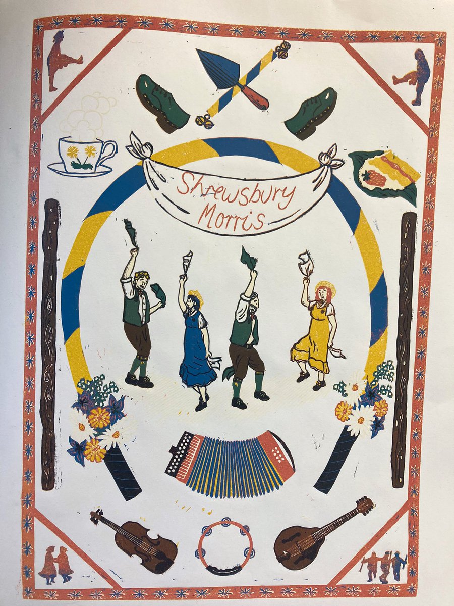 Tidying the shed and found the slightly unsuccessful reduction print I made of <a href="/shrewsmorris/">Shrewsbury Morris Dancers</a> a few years ago. No one got to see it as it was partly for some fun and it wasn’t for anything, but it has given me a bit of an idea anyway!
