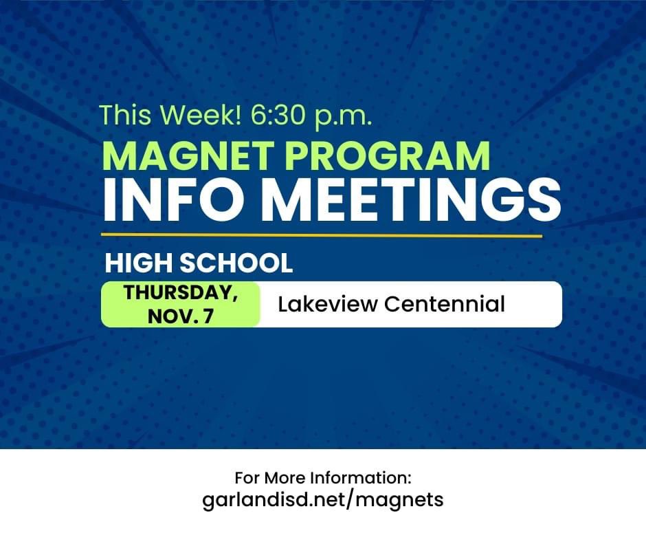 GISD Magnet Programs (@gisdmagnets) on Twitter photo Open houses and magnet information meetings start this week! On Thursday, Nov. 7, check out <a href="/LCHS_Patriots/">Lakeview Centennial Patriots 🎓</a> open house. The magnet meeting will start at 6:30 p.m. <a href="/gisdnews/">Garland ISD</a> #GISDUnmatched #gisdearlycollege #college4all Open houses and magnet information meetings start this week! On Thursday, Nov. 7, check out <a href="/LCHS_Patriots/">Lakeview Centennial Patriots 🎓</a> open house. The magnet meeting will start at 6:30 p.m. <a href="/gisdnews/">Garland ISD</a> #GISDUnmatched #gisdearlycollege #college4all