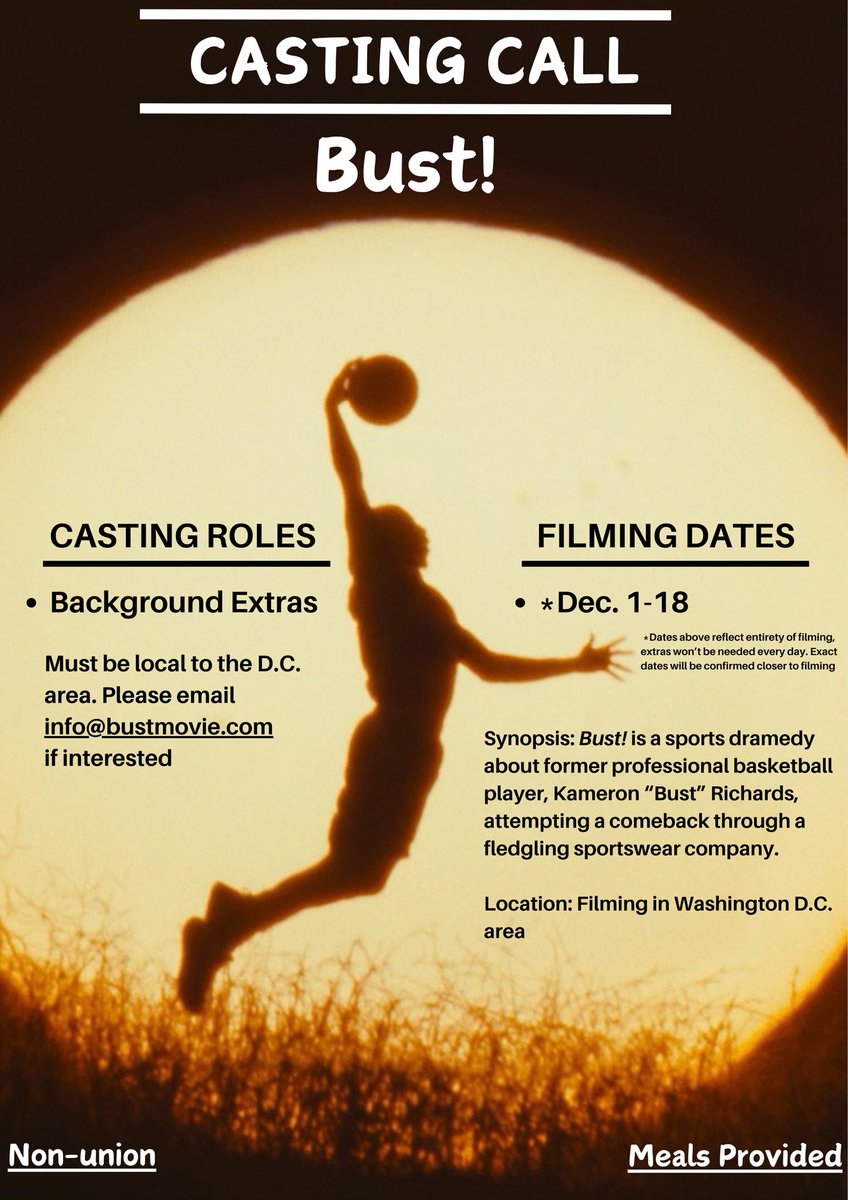 If you’re in the DC area, we’re casting additional roles in “Bust!” 🏀

E-mail info@bustmovie.com if interested!
