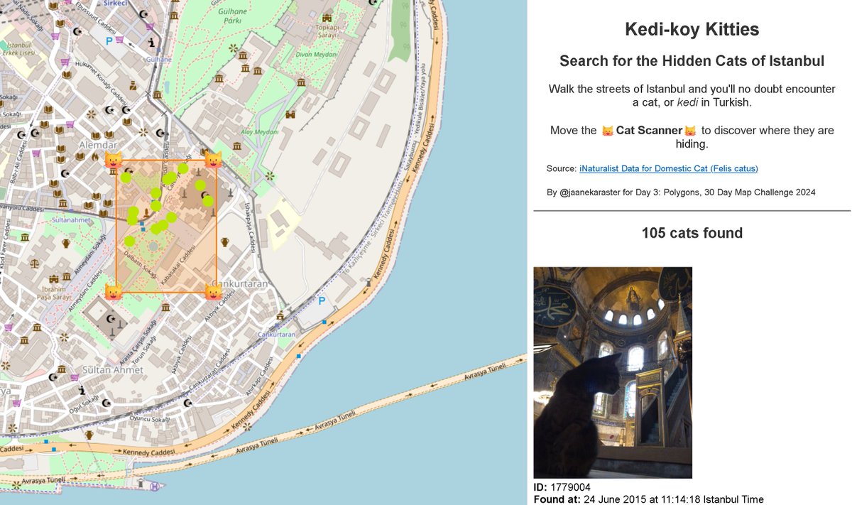 jaanekaraster's tweet photo. #30DayMapChallenge | #Day3 | #Polygons
"Kedi-koy Kitties"
Use the😺Cat Scanner😺 to find Istanbul's hidden cats! 
👉https://t.co/lEsVmXD7MW
(v1💻 only)

@inaturalist @kedicidergisi @CatsofIstanbul #kedi #cat #İstanbul #Turkiye #istanbulkedileri #kedici https://t.co/1VqOrjvNdM